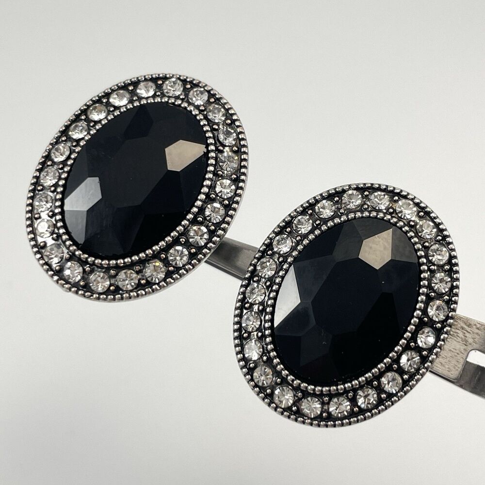 Antique Silver Tone Black Glass Oval Halo Stud Earrings Clip On Bling Chunky